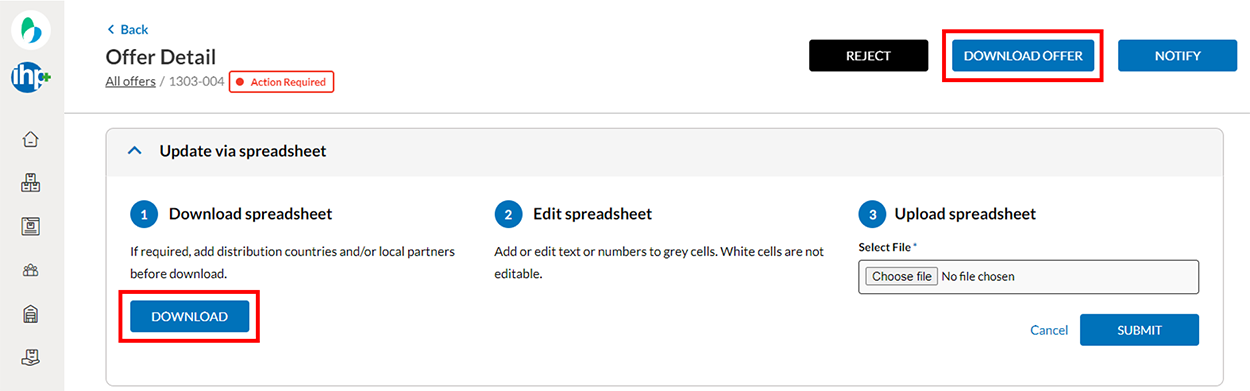 Download the spreadsheet via the download offer or download buttons